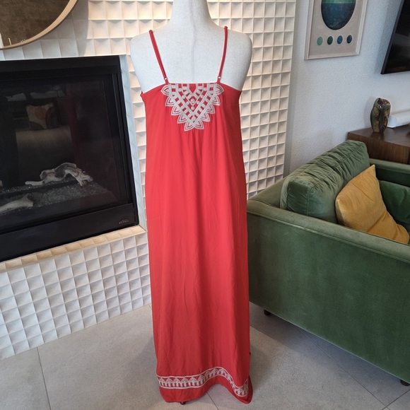 THML Boho Embroidered Vibrant Orange Red Maxi Dress, Spaghetti Straps - Large - Picture 4 of 9